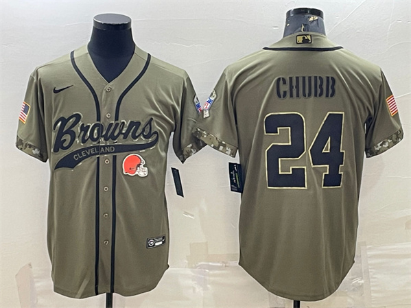 Men's Cleveland Browns #24 Nick Chubb Olive 2022 Salute To Service Cool Base Stitched Baseball Jersey